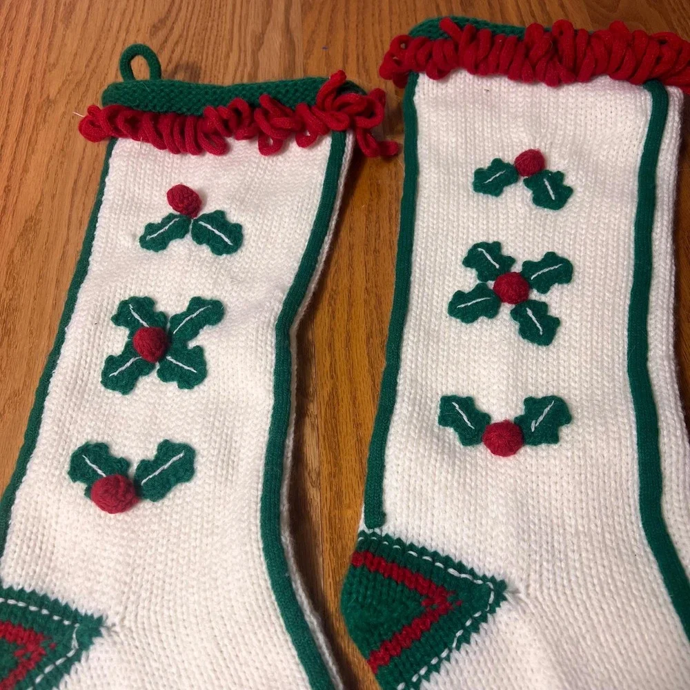 Vtg Hand Knit Christmas Stockings Set of 2 White Knit Holly Stockings Red holly
